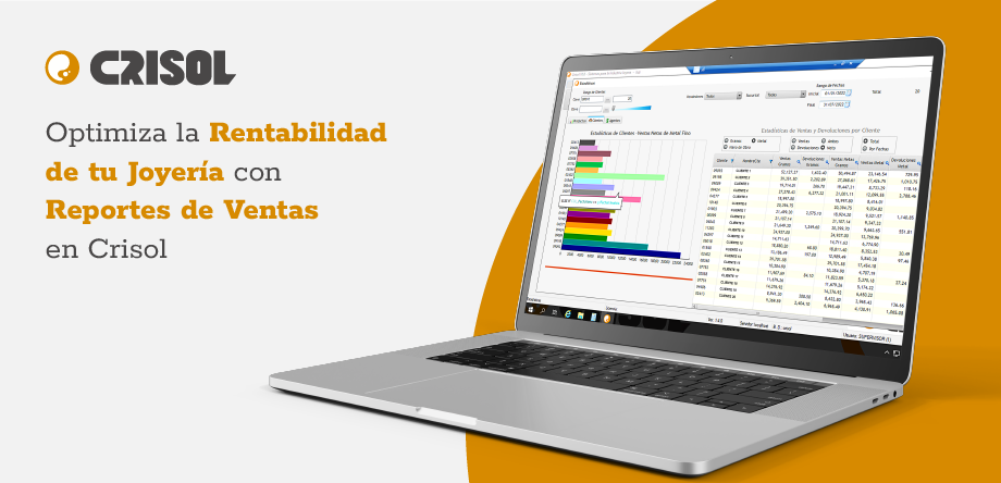 Pantalla de Crisol mostrando reportes detallados de ventas, destacando gráficos de rendimiento por cliente y producto en una laptop.