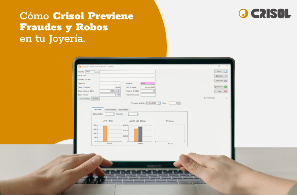 Captura de pantalla de Crisol mostrando herramientas para prevenir fraudes y robos en joyerías.