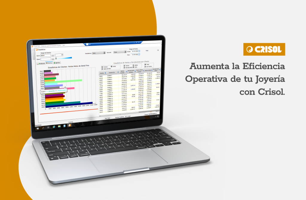 Sistema Crisol en laptop mostrando reportes de ventas y estadísticas en tiempo real para mejorar la eficiencia operativa en joyerías.