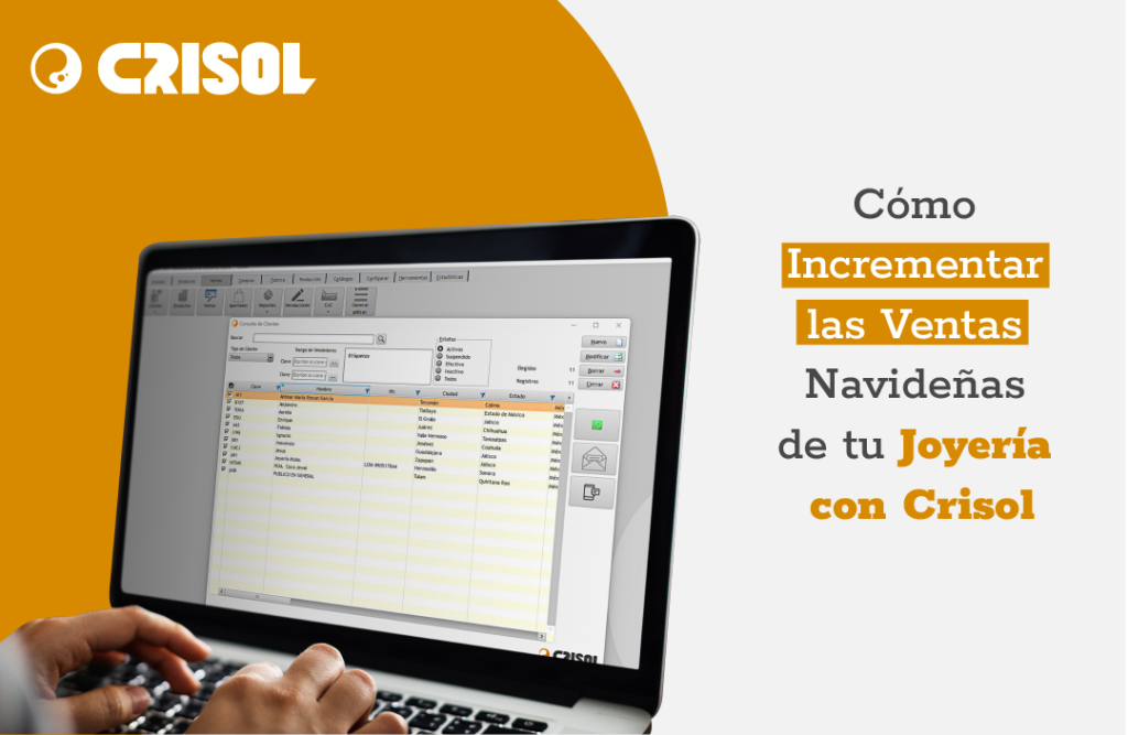 Pantalla de computadora mostrando la interfaz de Crisol con datos organizados, simbolizando cómo este sistema optimiza la gestión de ventas navideñas en joyerías.