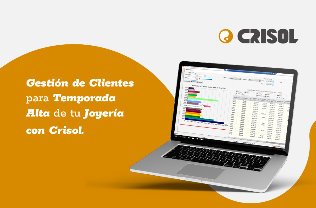 Pantalla de laptop mostrando reportes detallados de clientes en Crisol, diseñada para optimizar la gestión durante la temporada alta en joyerías.