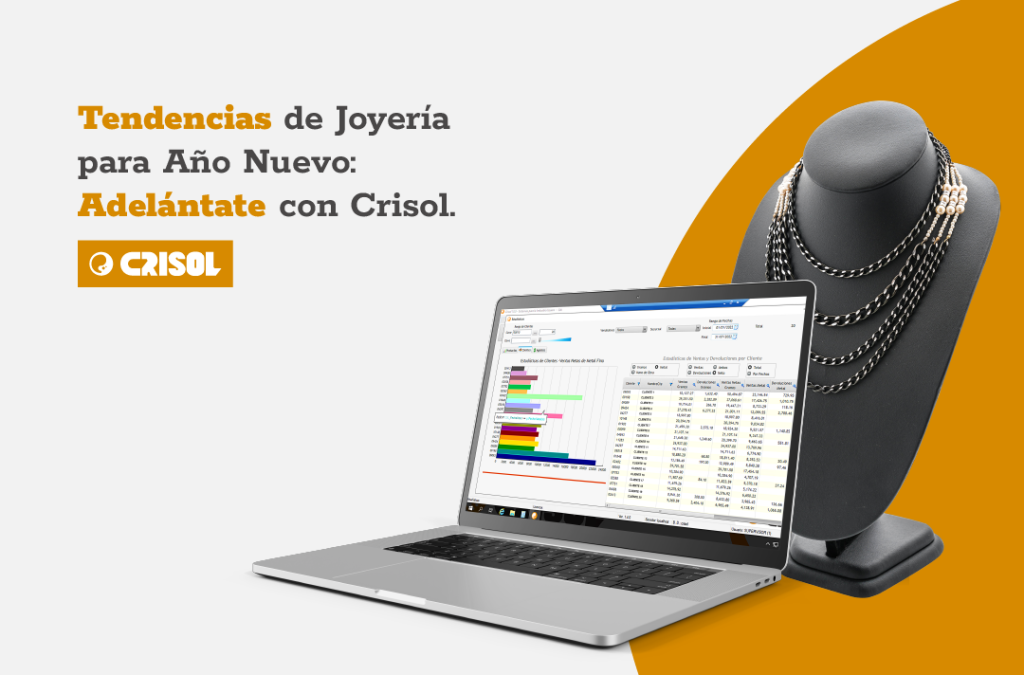 Análisis de tendencias de joyería para Año Nuevo con Crisol en un portátil y exhibidor de collares modernos.