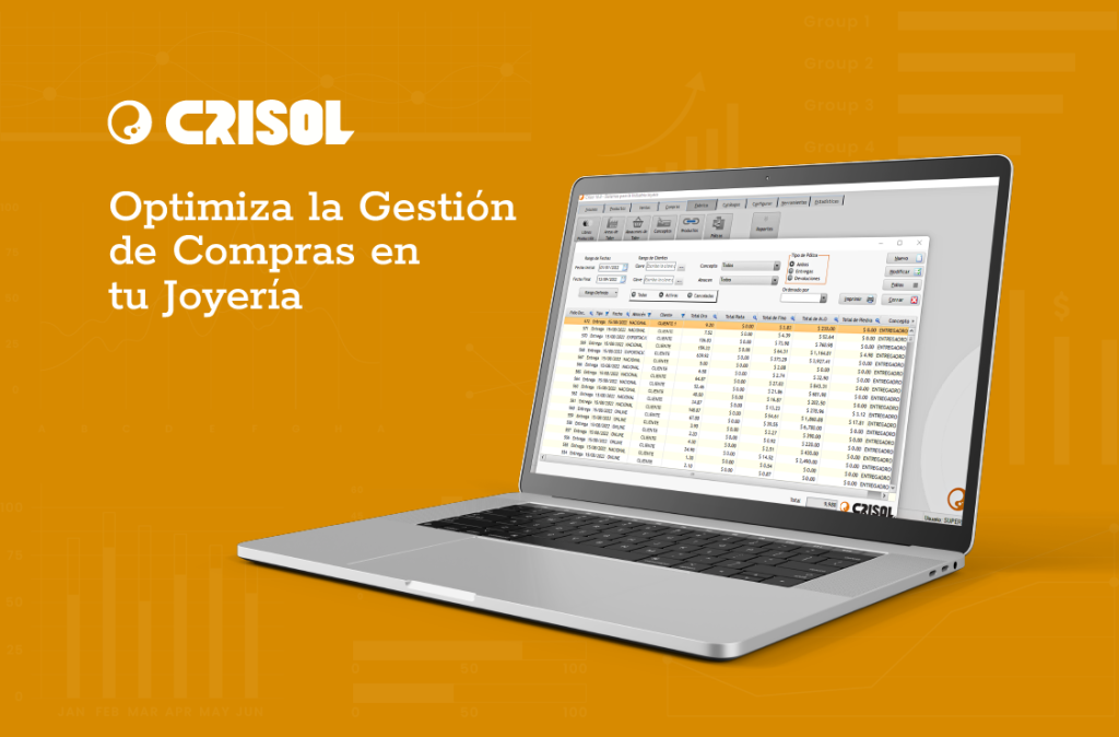 Pantalla de Crisol mostrando herramientas de gestión de compras en joyerías