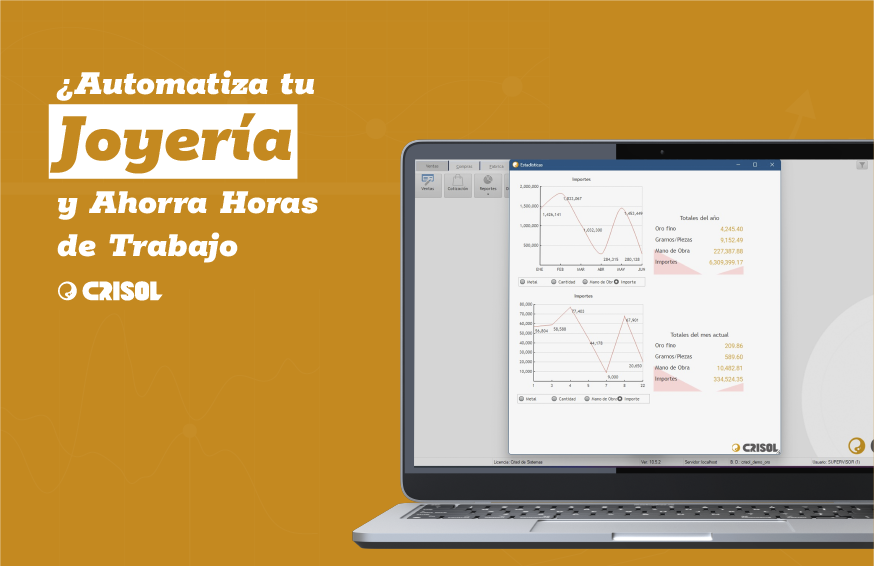 Laptop con software de gestión de joyería mostrando reportes de ventas y costos en pantalla, destacando la automatización con Crisol.
