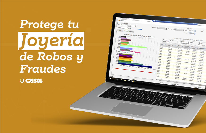 Laptop mostrando un software de gestión de joyerías con reportes y estadísticas, destacando la seguridad contra robos y fraudes con Crisol.