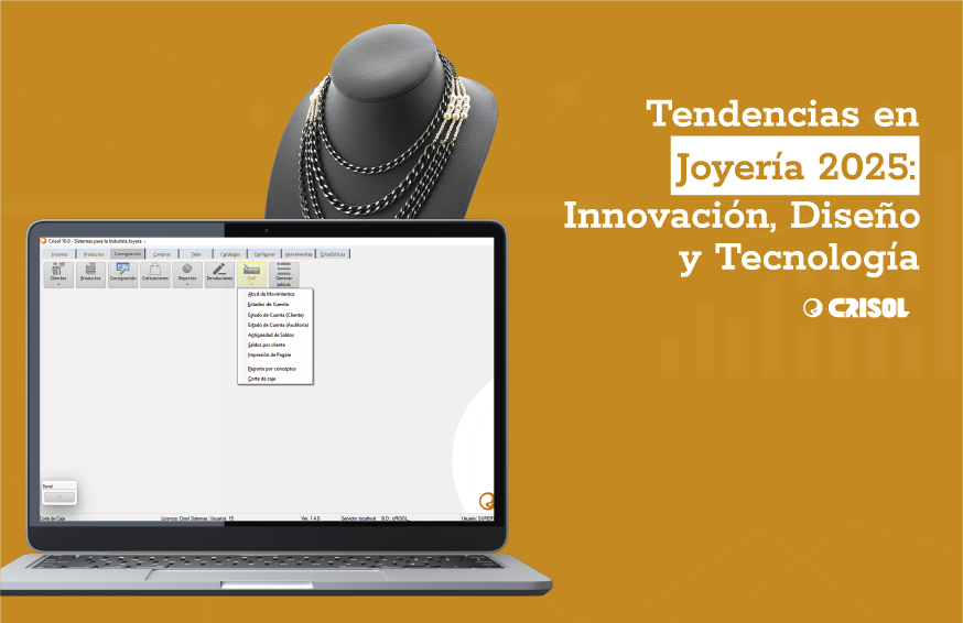Tendencias en Joyería 2025: Innovación, Diseño y Tecnología. Un collar elegante exhibido sobre un busto junto a una laptop con el software de gestión de Crisol.