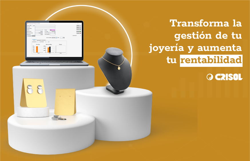 Software Crisol optimizando la gestión de inventarios y ventas en una joyería, con exhibidores de joyas y computadora en un fondo profesional color dorado.