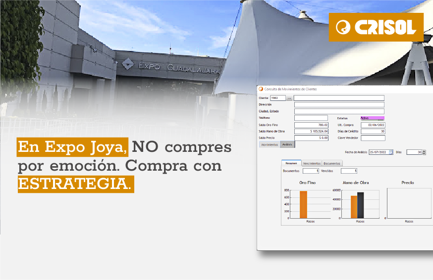 Laptop con el sistema Crisol para joyerías sobre fondo de Expo Guadalajara, con mensaje "En Expo Joya, NO compres por emoción. Compra con estrategia.