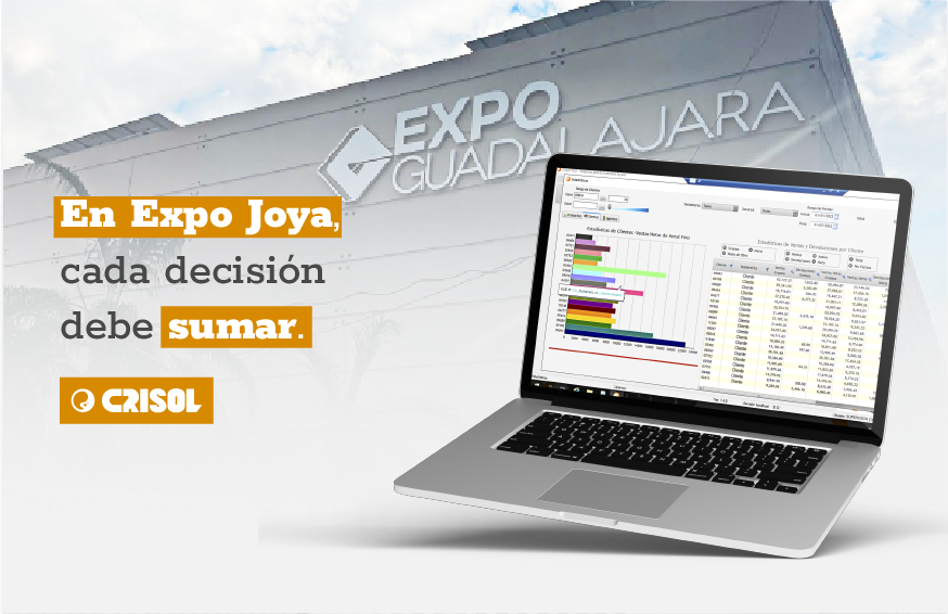 Laptop con reportes de gestión de joyería frente a Expo Guadalajara, destacando el mensaje: "En Expo Joya, cada decisión debe sumar", con la marca Crisol.