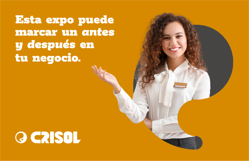 Mujer sonriente con uniforme de joyería señalando hacia el texto “Esta expo puede marcar un antes y después en tu negocio”, junto al logotipo de Crisol sobre fondo color mostaza.