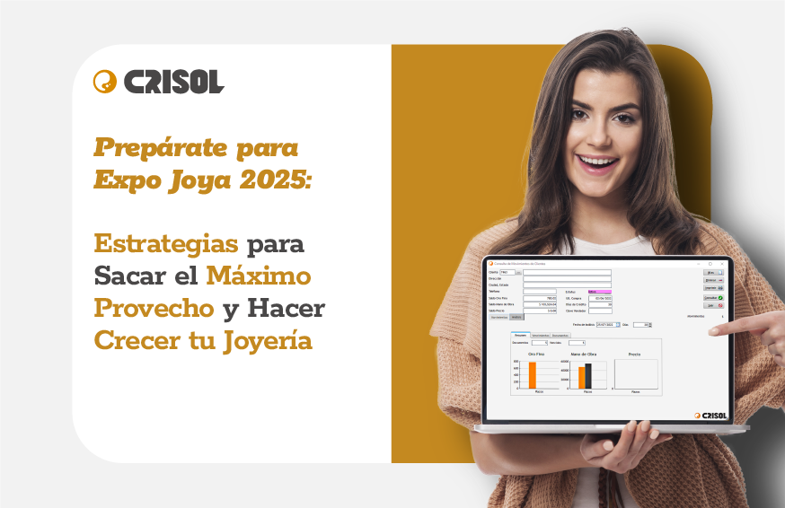 Mujer joyera sonriente sosteniendo una laptop con el sistema Crisol, junto al mensaje “Prepárate para Expo Joya 2025: Estrategias para sacar el máximo provecho y hacer crecer tu joyería