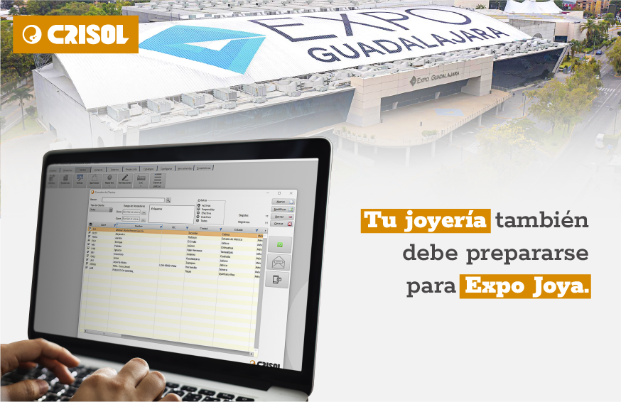 Laptop mostrando el software Crisol frente a Expo Guadalajara, con el mensaje "Tu joyería también debe prepararse para Expo Joya.