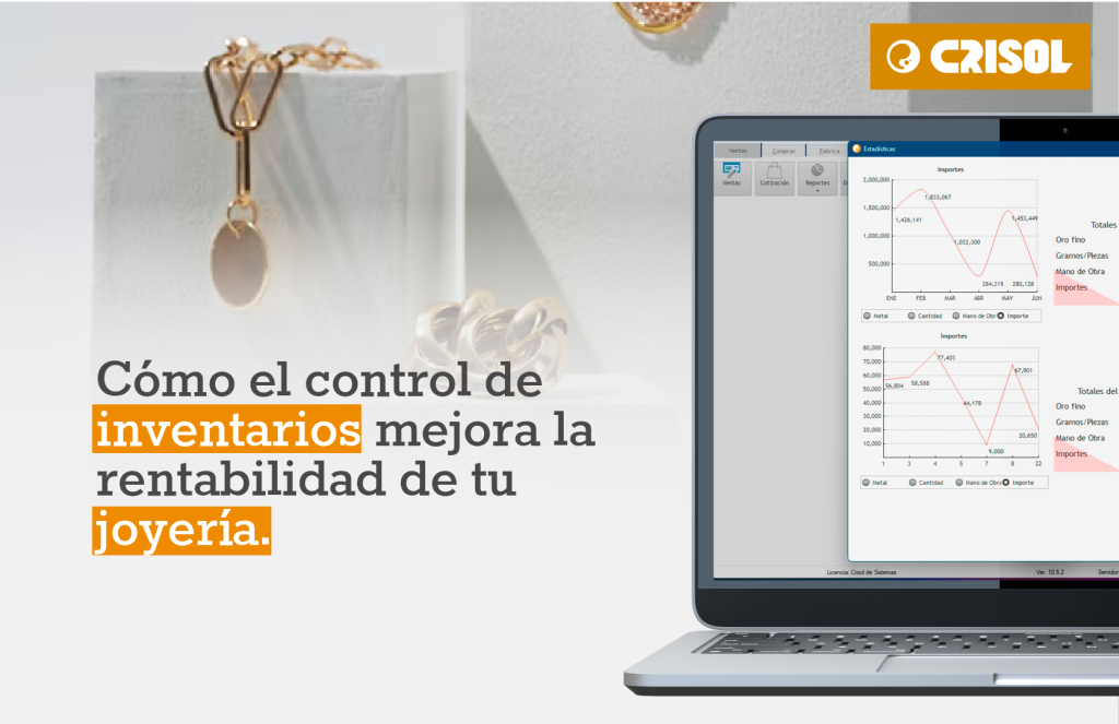 Computadora portátil mostrando gráficas de inventario y estadísticas, junto a piezas de joyería en exhibición.