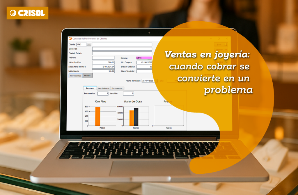 Laptop mostrando el sistema Crisol con reportes de ventas y cobranza, acompañada del título ‘Ventas en joyería: cuando cobrar se convierte en un problema’.