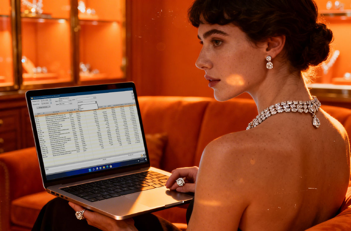 Mujer usando el software de inventario de joyería Crisol en una laptop dentro de una joyería de lujo con iluminación cálida naranja.