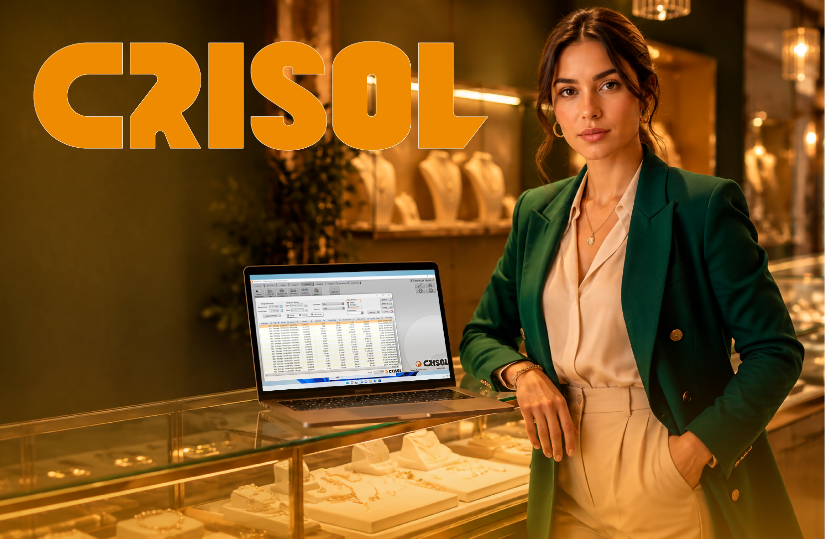 Empresaria joyera revisando el inventario de su negocio desde una laptop con sistema administrativo especializado para joyerías.